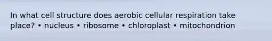 In what cell structure does aerobic <a href='https://www.questionai.com/knowledge/k1IqNYBAJw-cellular-respiration' class='anchor-knowledge'>cellular respiration</a> take place? • nucleus • ribosome • chloroplast • mitochondrion