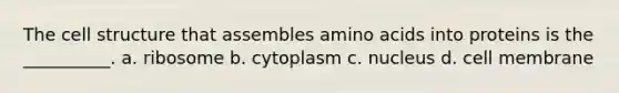 The cell structure that assembles amino acids into proteins is the __________. a. ribosome b. cytoplasm c. nucleus d. cell membrane