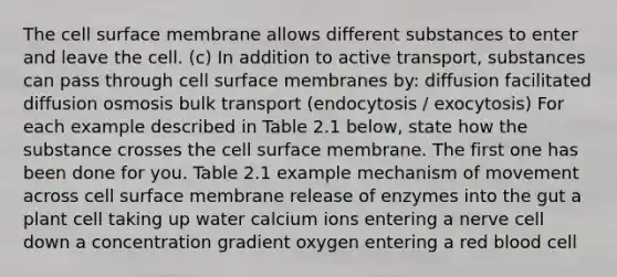 The cell surface membrane allows different substances to enter and leave the cell. (c) In addition to active transport, substances can pass through cell surface membranes by: diffusion facilitated diffusion osmosis bulk transport (endocytosis / exocytosis) For each example described in Table 2.1 below, state how the substance crosses the cell surface membrane. The first one has been done for you. Table 2.1 example mechanism of movement across cell surface membrane release of enzymes into the gut a plant cell taking up water calcium ions entering a nerve cell down a concentration gradient oxygen entering a red blood cell