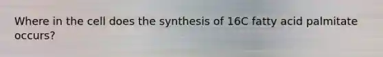 Where in the cell does the synthesis of 16C fatty acid palmitate occurs?