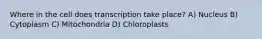 Where in the cell does transcription take place? A) Nucleus B) Cytoplasm C) Mitochondria D) Chloroplasts