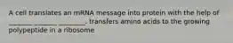 A cell translates an mRNA message into protein with the help of _______ _______ ________. transfers amino acids to the growing polypeptide in a ribosome