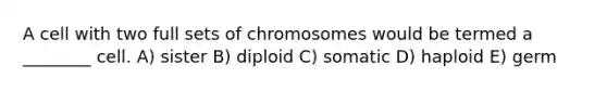 A cell with two full sets of chromosomes would be termed a ________ cell. A) sister B) diploid C) somatic D) haploid E) germ