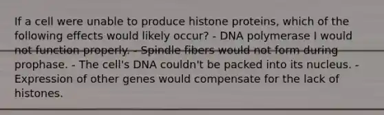 If a cell were unable to produce histone proteins, which of the following effects would likely occur? - DNA polymerase I would not function properly. - Spindle fibers would not form during prophase. - The cell's DNA couldn't be packed into its nucleus. - Expression of other genes would compensate for the lack of histones.