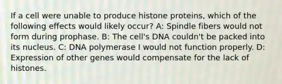 If a cell were unable to produce histone proteins, which of the following effects would likely occur? A: Spindle fibers would not form during prophase. B: The cell's DNA couldn't be packed into its nucleus. C: DNA polymerase I would not function properly. D: Expression of other genes would compensate for the lack of histones.