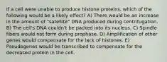 If a cell were unable to produce histone proteins, which of the following would be a likely effect? A) There would be an increase in the amount of "satellite" DNA produced during centrifugation. B) The cell's DNA couldn't be packed into its nucleus. C) Spindle fibers would not form during prophase. D) Amplification of other genes would compensate for the lack of histones. E) Pseudogenes would be transcribed to compensate for the decreased protein in the cell.