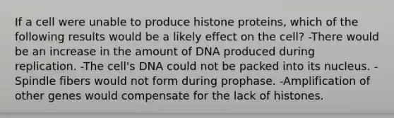 If a cell were unable to produce histone proteins, which of the following results would be a likely effect on the cell? -There would be an increase in the amount of DNA produced during replication. -The cell's DNA could not be packed into its nucleus. -Spindle fibers would not form during prophase. -Amplification of other genes would compensate for the lack of histones.