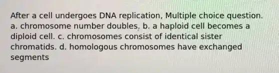 After a cell undergoes DNA replication, Multiple choice question. a. chromosome number doubles. b. a haploid cell becomes a diploid cell. c. chromosomes consist of identical sister chromatids. d. homologous chromosomes have exchanged segments