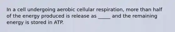 In a cell undergoing aerobic cellular respiration, more than half of the energy produced is release as _____ and the remaining energy is stored in ATP.