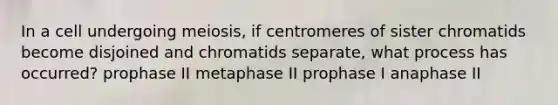 In a cell undergoing meiosis, if centromeres of sister chromatids become disjoined and chromatids separate, what process has occurred? prophase II metaphase II prophase I anaphase II