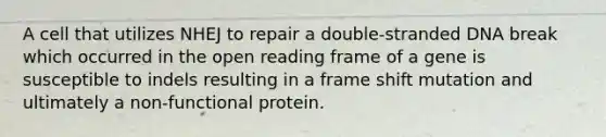 A cell that utilizes NHEJ to repair a double-stranded DNA break which occurred in the open reading frame of a gene is susceptible to indels resulting in a frame shift mutation and ultimately a non-functional protein.