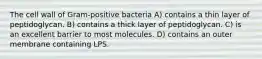 The cell wall of Gram-positive bacteria A) contains a thin layer of peptidoglycan. B) contains a thick layer of peptidoglycan. C) is an excellent barrier to most molecules. D) contains an outer membrane containing LPS.