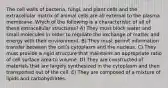 The cell walls of bacteria, fungi, and plant cells and the extracellular matrix of animal cells are all external to the plasma membrane. Which of the following is a characteristic of all of these extracellular structures? A) They must block water and small molecules in order to regulate the exchange of matter and energy with their environment. B) They must permit information transfer between the cellʹs cytoplasm and the nucleus. C) They must provide a rigid structure that maintains an appropriate ratio of cell surface area to volume. D) They are constructed of materials that are largely synthesized in the cytoplasm and then transported out of the cell. E) They are composed of a mixture of lipids and carbohydrates.