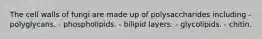 The cell walls of fungi are made up of polysaccharides including - polyglycans. - phospholipids. - bilipid layers. - glycolipids. - chitin.