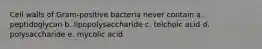 Cell walls of Gram-positive bacteria never contain a. peptidoglycan b. lipopolysaccharide c. teichoic acid d. polysaccharide e. mycolic acid