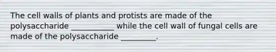 The cell walls of plants and protists are made of the polysaccharide ___________ while the cell wall of fungal cells are made of the polysaccharide _________.