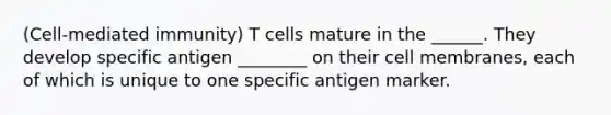 (Cell-mediated immunity) T cells mature in the ______. They develop specific antigen ________ on their cell membranes, each of which is unique to one specific antigen marker.