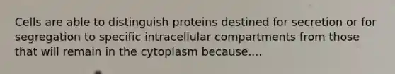 Cells are able to distinguish proteins destined for secretion or for segregation to specific intracellular compartments from those that will remain in the cytoplasm because....