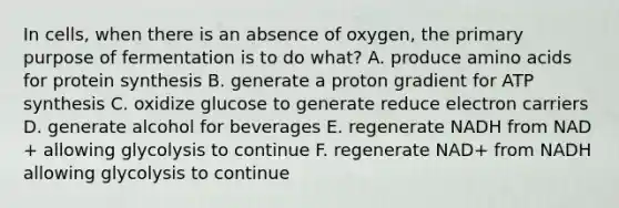 In cells, when there is an absence of oxygen, the primary purpose of fermentation is to do what? A. produce amino acids for protein synthesis B. generate a proton gradient for ATP synthesis C. oxidize glucose to generate reduce electron carriers D. generate alcohol for beverages E. regenerate NADH from NAD + allowing glycolysis to continue F. regenerate NAD+ from NADH allowing glycolysis to continue