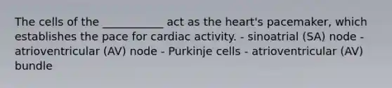 The cells of the ___________ act as the heart's pacemaker, which establishes the pace for cardiac activity. - sinoatrial (SA) node - atrioventricular (AV) node - Purkinje cells - atrioventricular (AV) bundle