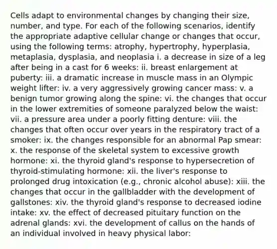 Cells adapt to environmental changes by changing their size, number, and type. For each of the following scenarios, identify the appropriate adaptive cellular change or changes that occur, using the following terms: atrophy, hypertrophy, hyperplasia, metaplasia, dysplasia, and neoplasia i. a decrease in size of a leg after being in a cast for 6 weeks: ii. breast enlargement at puberty: iii. a dramatic increase in muscle mass in an Olympic weight lifter: iv. a very aggressively growing cancer mass: v. a benign tumor growing along the spine: vi. the changes that occur in the lower extremities of someone paralyzed below the waist: vii. a pressure area under a poorly fitting denture: viii. the changes that often occur over years in the respiratory tract of a smoker: ix. the changes responsible for an abnormal Pap smear: x. the response of the skeletal system to excessive growth hormone: xi. the thyroid gland's response to hypersecretion of thyroid-stimulating hormone: xii. the liver's response to prolonged drug intoxication (e.g., chronic alcohol abuse): xiii. the changes that occur in the gallbladder with the development of gallstones: xiv. the thyroid gland's response to decreased iodine intake: xv. the effect of decreased pituitary function on the adrenal glands: xvi. the development of callus on the hands of an individual involved in heavy physical labor: