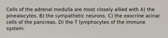 Cells of the adrenal medulla are most closely allied with A) the pinealocytes. B) the sympathetic neurons. C) the exocrine acinar cells of <a href='https://www.questionai.com/knowledge/kITHRba4Cd-the-pancreas' class='anchor-knowledge'>the pancreas</a>. D) the T lymphocytes of the immune system.