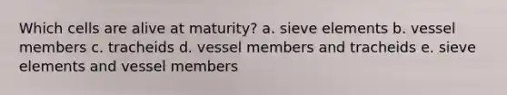 Which cells are alive at maturity? a. sieve elements b. vessel members c. tracheids d. vessel members and tracheids e. sieve elements and vessel members