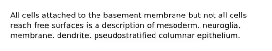 All cells attached to the basement membrane but not all cells reach free surfaces is a description of mesoderm. neuroglia. membrane. dendrite. pseudostratified columnar epithelium.