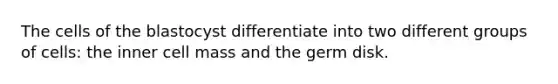 The cells of the blastocyst differentiate into two different groups of cells: the inner cell mass and the germ disk.