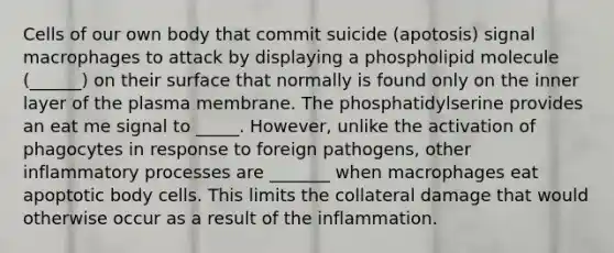 Cells of our own body that commit suicide (apotosis) signal macrophages to attack by displaying a phospholipid molecule (______) on their surface that normally is found only on the inner layer of the plasma membrane. The phosphatidylserine provides an eat me signal to _____. However, unlike the activation of phagocytes in response to foreign pathogens, other inflammatory processes are _______ when macrophages eat apoptotic body cells. This limits the collateral damage that would otherwise occur as a result of the inflammation.