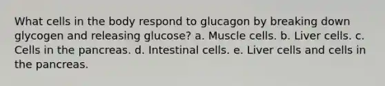 What cells in the body respond to glucagon by breaking down glycogen and releasing glucose? a. Muscle cells. b. Liver cells. c. Cells in the pancreas. d. Intestinal cells. e. Liver cells and cells in the pancreas.