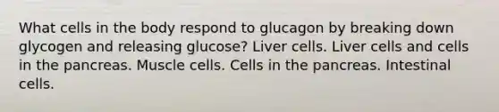 What cells in the body respond to glucagon by breaking down glycogen and releasing glucose? Liver cells. Liver cells and cells in the pancreas. Muscle cells. Cells in the pancreas. Intestinal cells.