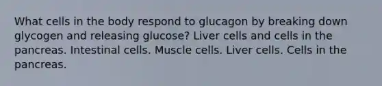 What cells in the body respond to glucagon by breaking down glycogen and releasing glucose? Liver cells and cells in the pancreas. Intestinal cells. Muscle cells. Liver cells. Cells in the pancreas.