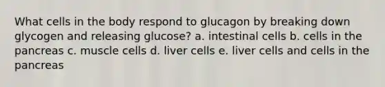 What cells in the body respond to glucagon by breaking down glycogen and releasing glucose? a. intestinal cells b. cells in the pancreas c. muscle cells d. liver cells e. liver cells and cells in the pancreas