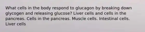 What cells in the body respond to glucagon by breaking down glycogen and releasing glucose? Liver cells and cells in the pancreas. Cells in the pancreas. Muscle cells. Intestinal cells. Liver cells