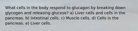 What cells in the body respond to glucagon by breaking down glycogen and releasing glucose? a) Liver cells and cells in the pancreas. b) Intestinal cells. c) Muscle cells. d) Cells in the pancreas. e) Liver cells.