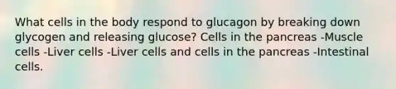 What cells in the body respond to glucagon by breaking down glycogen and releasing glucose? Cells in the pancreas -Muscle cells -Liver cells -Liver cells and cells in the pancreas -Intestinal cells.