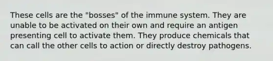 These cells are the "bosses" of the immune system. They are unable to be activated on their own and require an antigen presenting cell to activate them. They produce chemicals that can call the other cells to action or directly destroy pathogens.