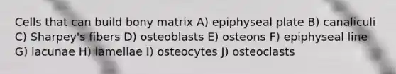 Cells that can build bony matrix A) epiphyseal plate B) canaliculi C) Sharpey's fibers D) osteoblasts E) osteons F) epiphyseal line G) lacunae H) lamellae I) osteocytes J) osteoclasts