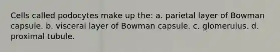 Cells called podocytes make up the: a. parietal layer of Bowman capsule. b. visceral layer of Bowman capsule. c. glomerulus. d. proximal tubule.