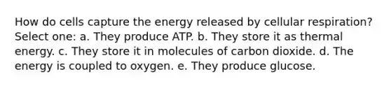 How do cells capture the energy released by cellular respiration? Select one: a. They produce ATP. b. They store it as thermal energy. c. They store it in molecules of carbon dioxide. d. The energy is coupled to oxygen. e. They produce glucose.