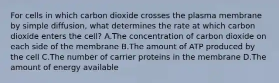 For cells in which carbon dioxide crosses the plasma membrane by simple diffusion, what determines the rate at which carbon dioxide enters the cell? A.The concentration of carbon dioxide on each side of the membrane B.The amount of ATP produced by the cell C.The number of carrier proteins in the membrane D.The amount of energy available