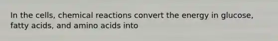 In the cells, <a href='https://www.questionai.com/knowledge/kc6NTom4Ep-chemical-reactions' class='anchor-knowledge'>chemical reactions</a> convert the energy in glucose, fatty acids, and <a href='https://www.questionai.com/knowledge/k9gb720LCl-amino-acids' class='anchor-knowledge'>amino acids</a> into