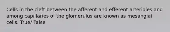 Cells in the cleft between the afferent and efferent arterioles and among capillaries of the glomerulus are known as mesangial cells. True/ False