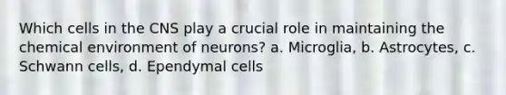 Which cells in the CNS play a crucial role in maintaining the chemical environment of neurons? a. Microglia, b. Astrocytes, c. Schwann cells, d. Ependymal cells