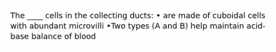 The ____ cells in the collecting ducts: • are made of cuboidal cells with abundant microvilli •Two types (A and B) help maintain acid-base balance of blood