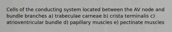 Cells of the conducting system located between the AV node and bundle branches a) trabeculae carneae b) crista terminalis c) atrioventricular bundle d) papillary muscles e) pectinate muscles