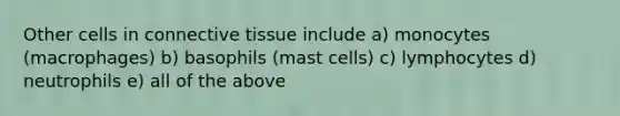 Other cells in connective tissue include a) monocytes (macrophages) b) basophils (mast cells) c) lymphocytes d) neutrophils e) all of the above