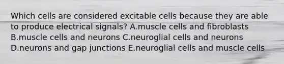 Which cells are considered excitable cells because they are able to produce electrical signals? A.muscle cells and fibroblasts B.muscle cells and neurons C.neuroglial cells and neurons D.neurons and gap junctions E.neuroglial cells and muscle cells