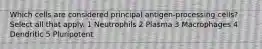 Which cells are considered principal antigen-processing cells? Select all that apply. 1 Neutrophils 2 Plasma 3 Macrophages 4 Dendritic 5 Pluripotent